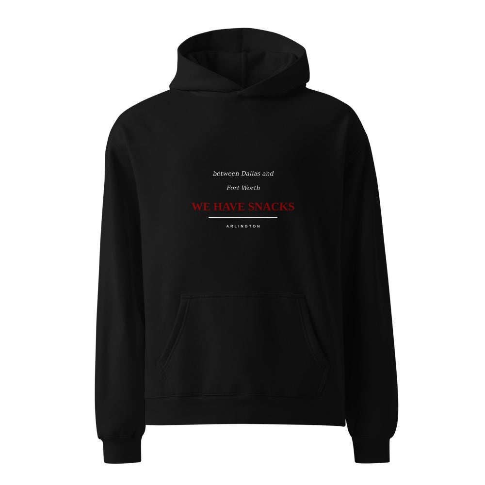 Arlington We Have Snacks black hoodie front in white studio | Kreativ
