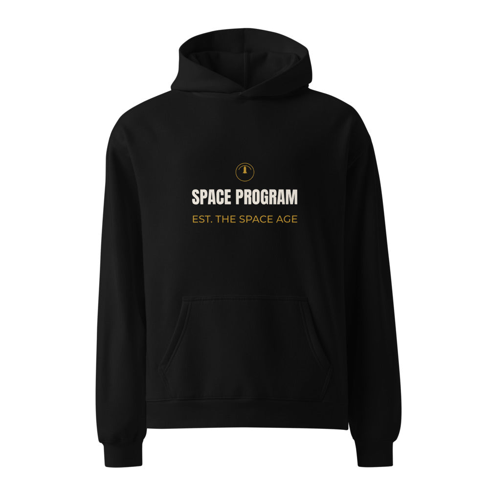 Black hoodie with Space Program Est The Space Age print