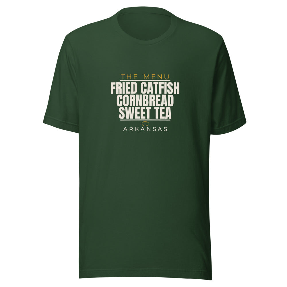 Arkansas tee that says Fried Catfish, Cornbread, Sweet Tea