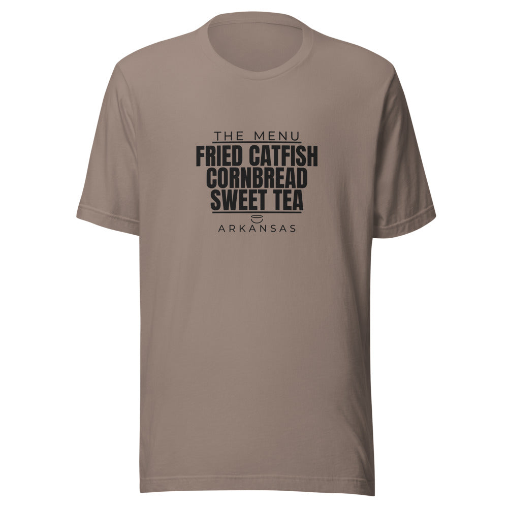 Arkansas tee that says Fried Catfish, Cornbread, Sweet Tea