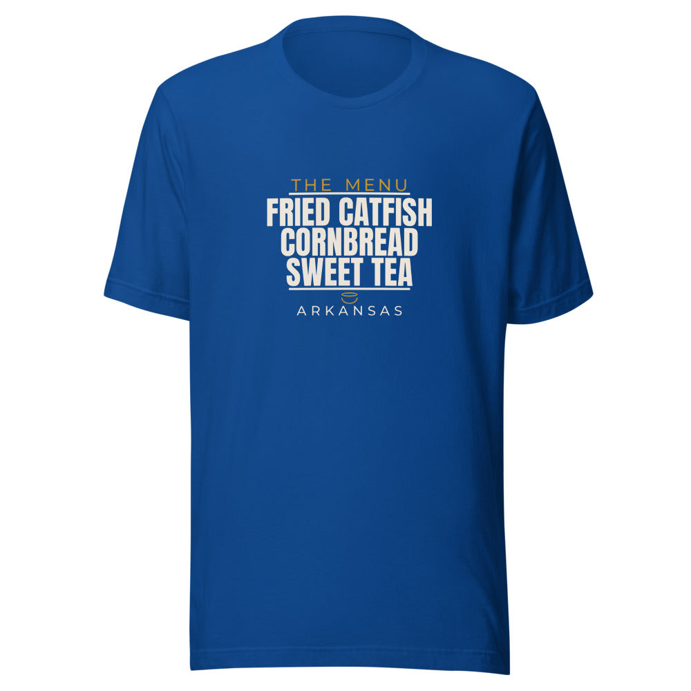 Arkansas tee that says Fried Catfish, Cornbread, Sweet Tea