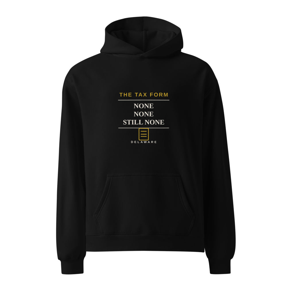 Delaware State Menu Logo black hoodie front in white studio | Kreativ