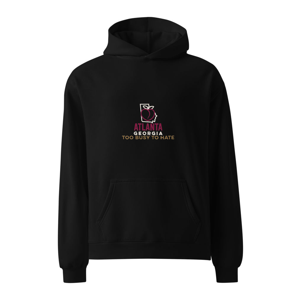 Atlanta Too Busy To Hate black hoodie front in white studio | Kreativ