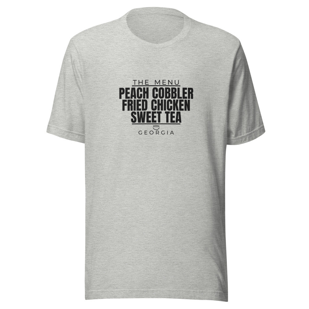 Georgia tee that says Peach Cobbler, Fried Chicken, Sweet Tea