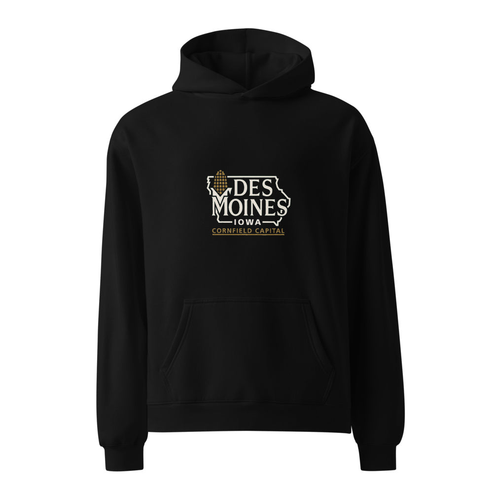 Des Moines Iowa Cornfield Capital black hoodie front in white studio | Kreativ