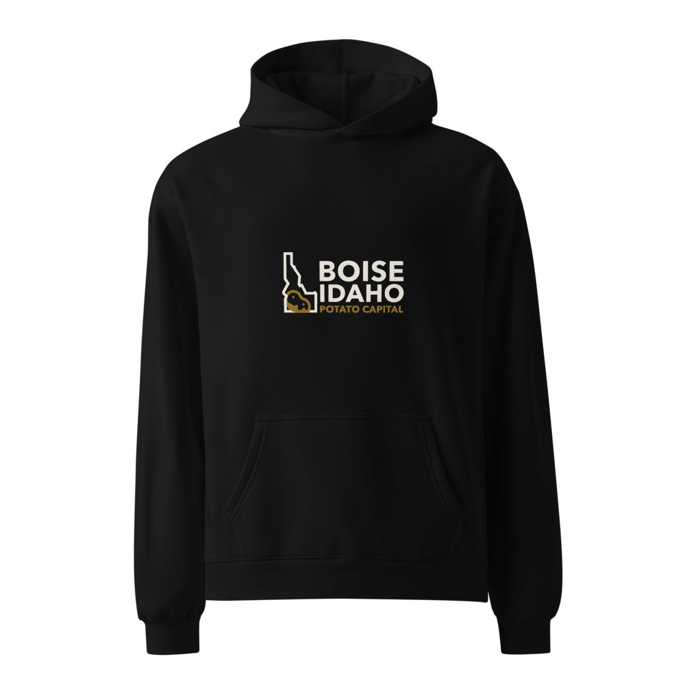 Boise Idaho Potato Capital black hoodie front in white studio | Kreativ