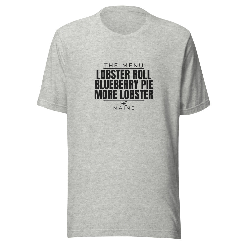 Maine tee that says Lobster Roll, Blueberry Pie, More Lobster