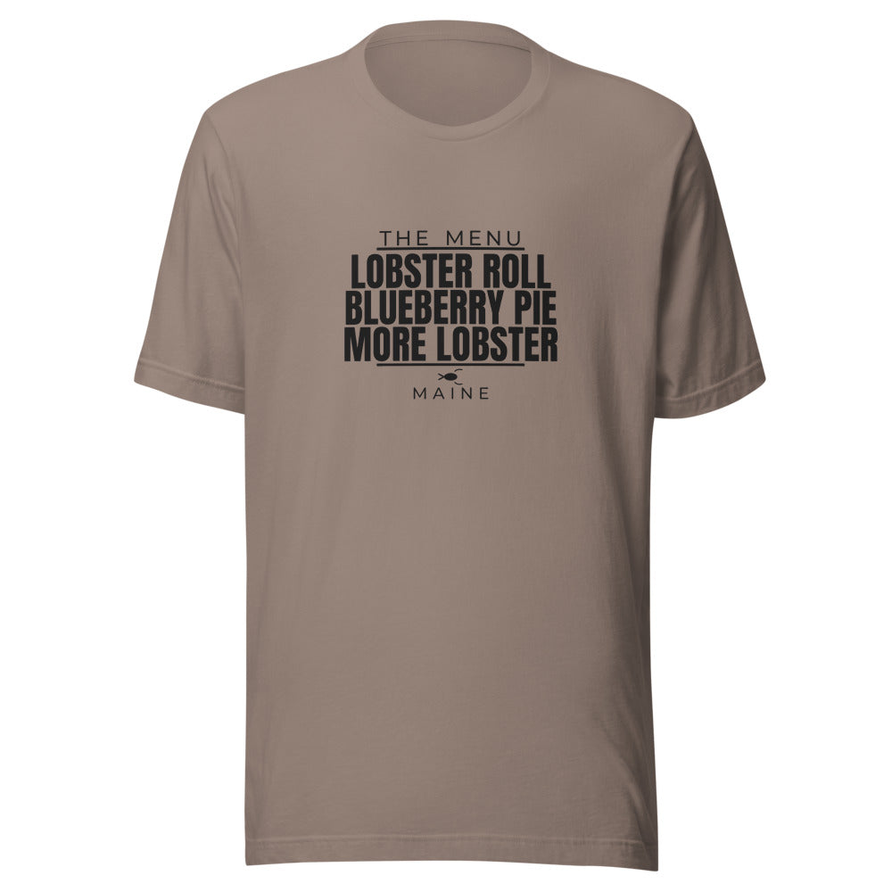 Maine tee that says Lobster Roll, Blueberry Pie, More Lobster