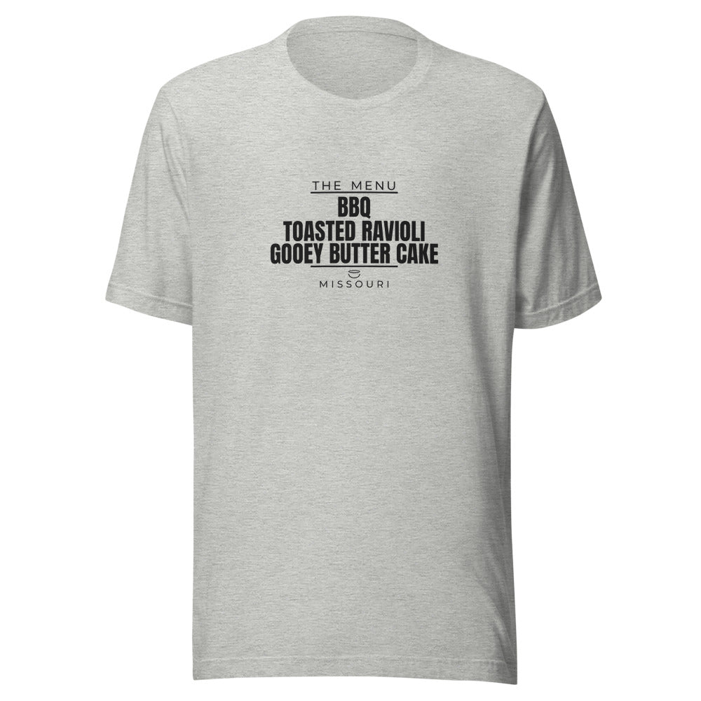 Missouri tee that says BBQ, Toasted Ravioli, Gooey Butter Cake