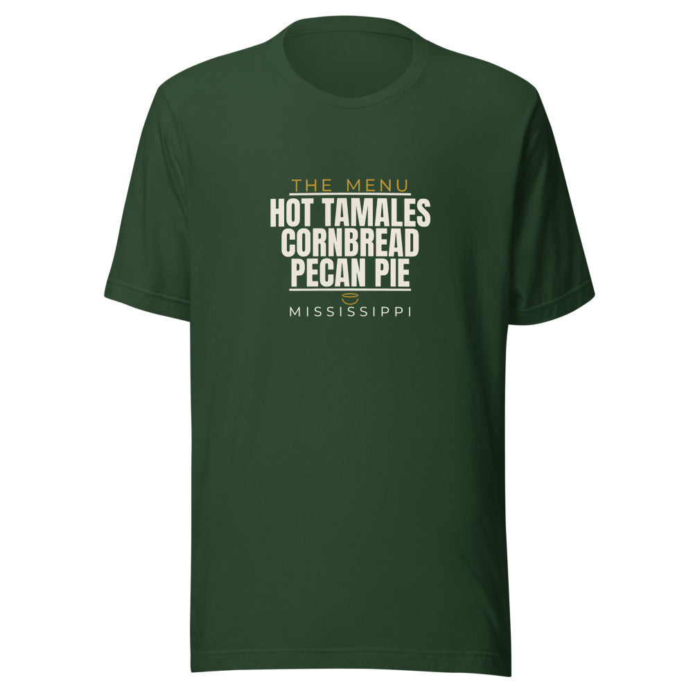 Mississippi tee that says Hot Tamales, Cornbread, Pecan Pie