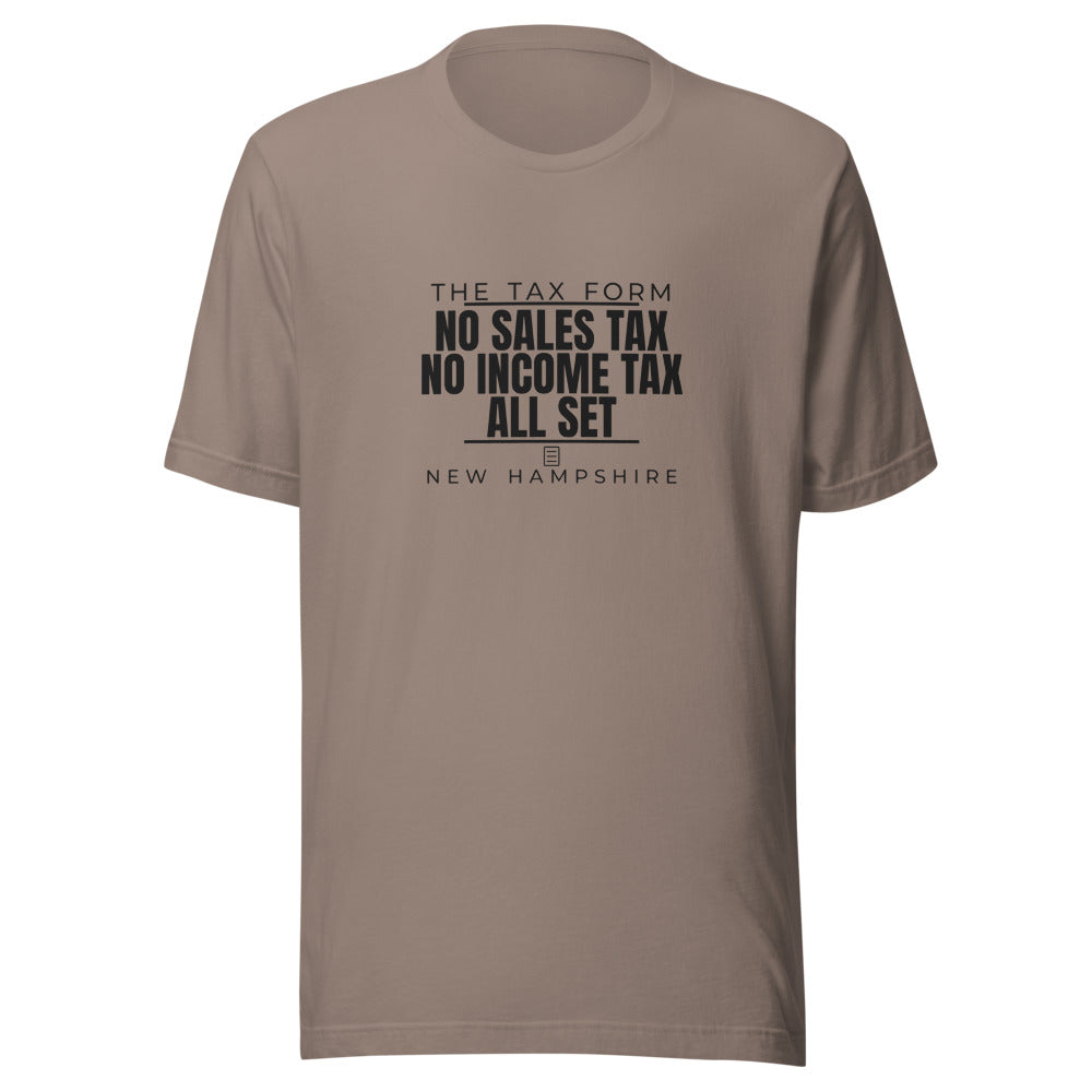 New Hampshire tee that says No Sales Tax, No Income Tax, All Set