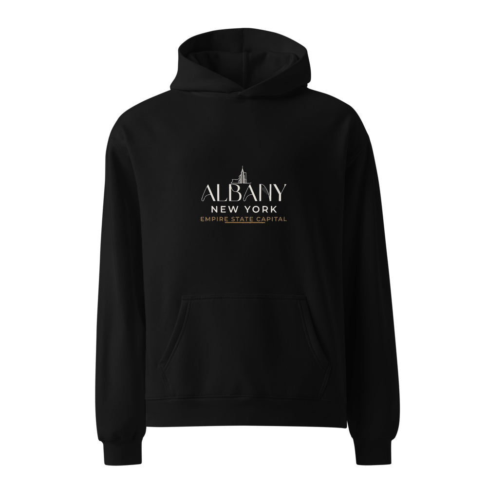 Albany New York Empire State Capital black hoodie front in white studio | Kreativ