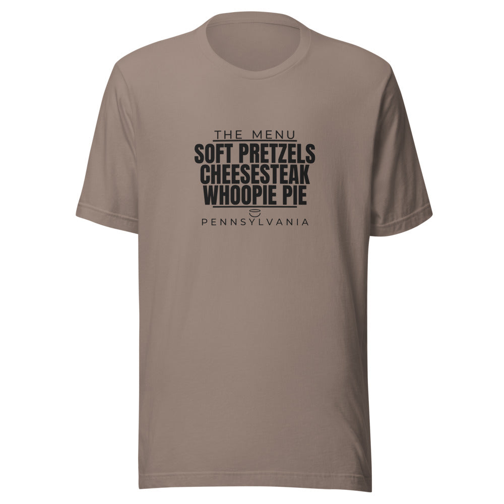 Pennsylvania tee that says Soft Pretzels, Cheesesteak, Whoopie Pie