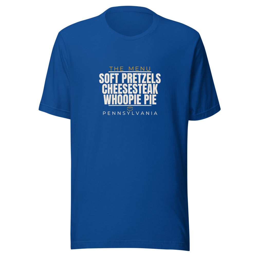 Pennsylvania tee that says Soft Pretzels, Cheesesteak, Whoopie Pie