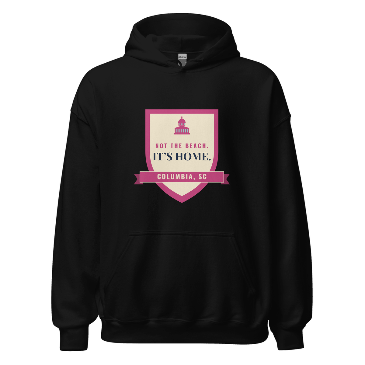 Black hoodie with Columbia, South Carolina design: Not the Beach. It's Home.