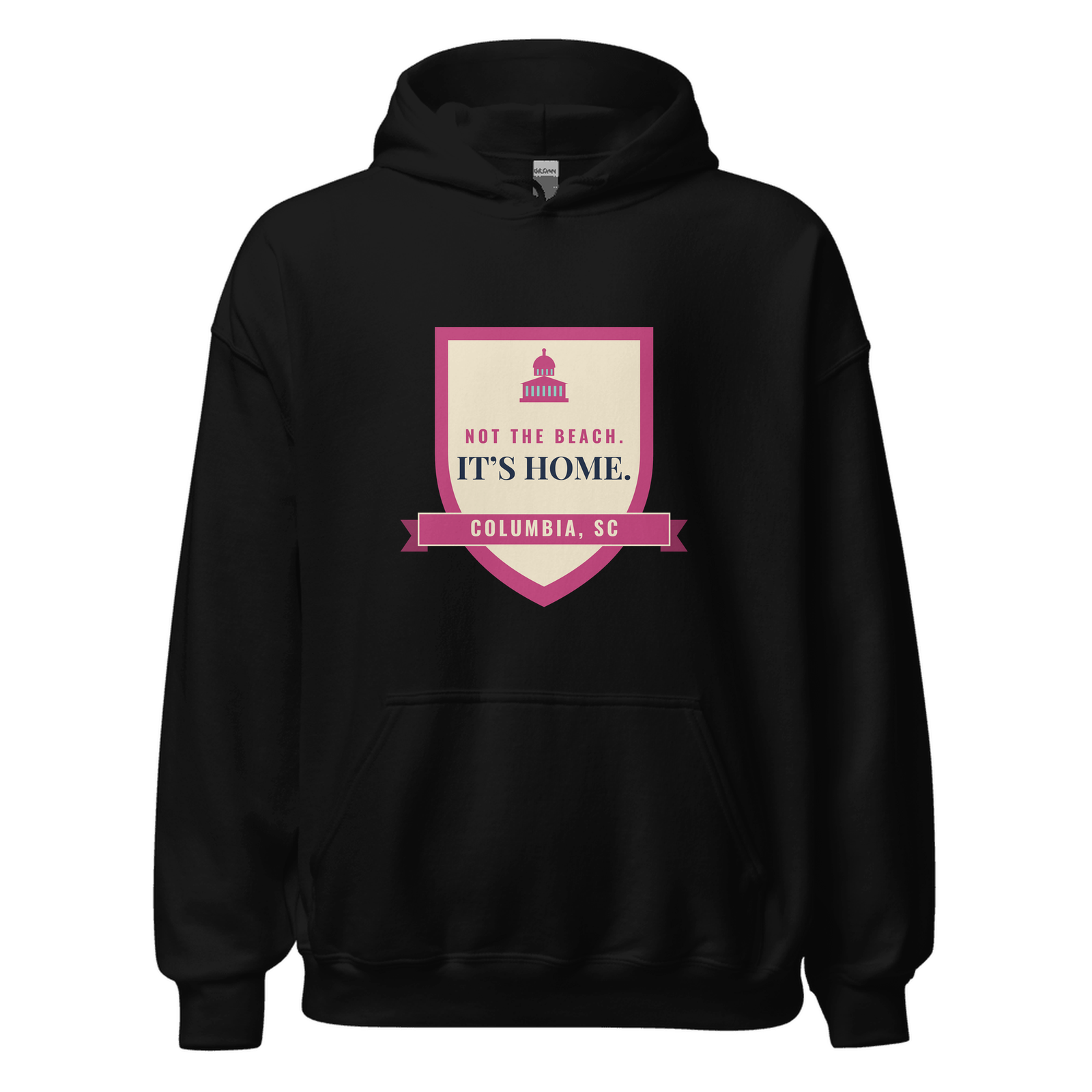 Black hoodie with Columbia, South Carolina design: Not the Beach. It's Home.