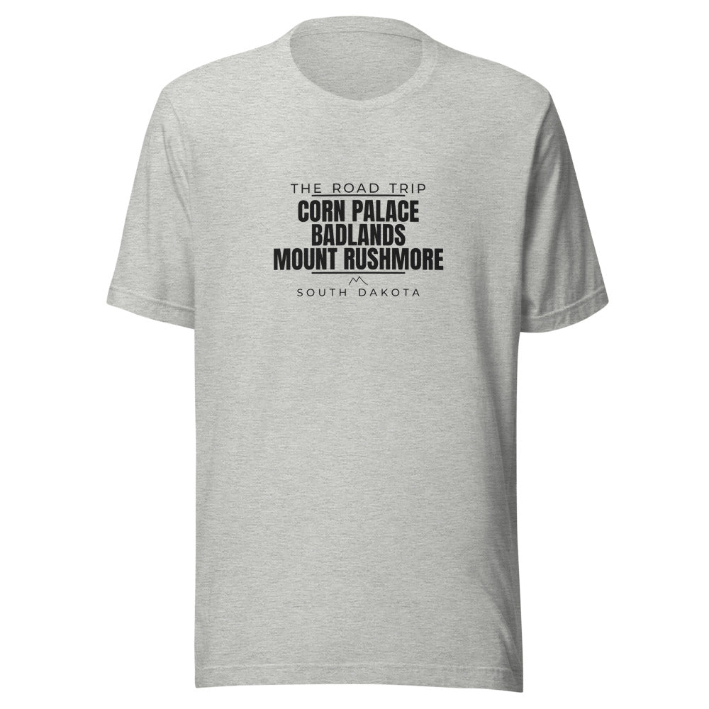 South Dakota tee that says Corn Palace, Badlands, Mount Rushmore