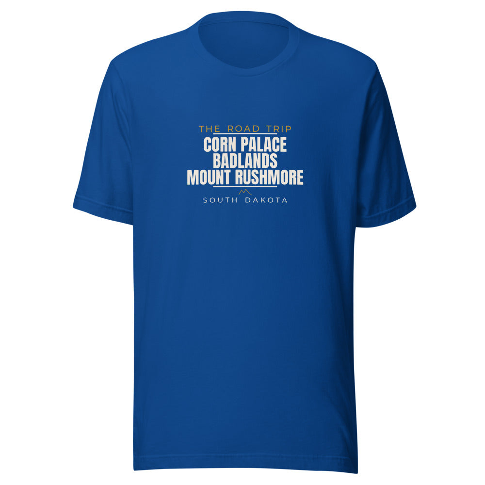 South Dakota tee that says Corn Palace, Badlands, Mount Rushmore