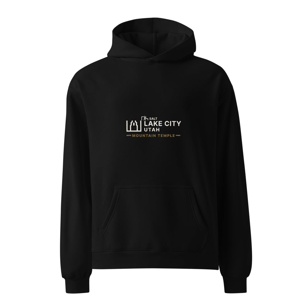 Salt Lake City Mountain Temple black hoodie front in white studio | Kreativ