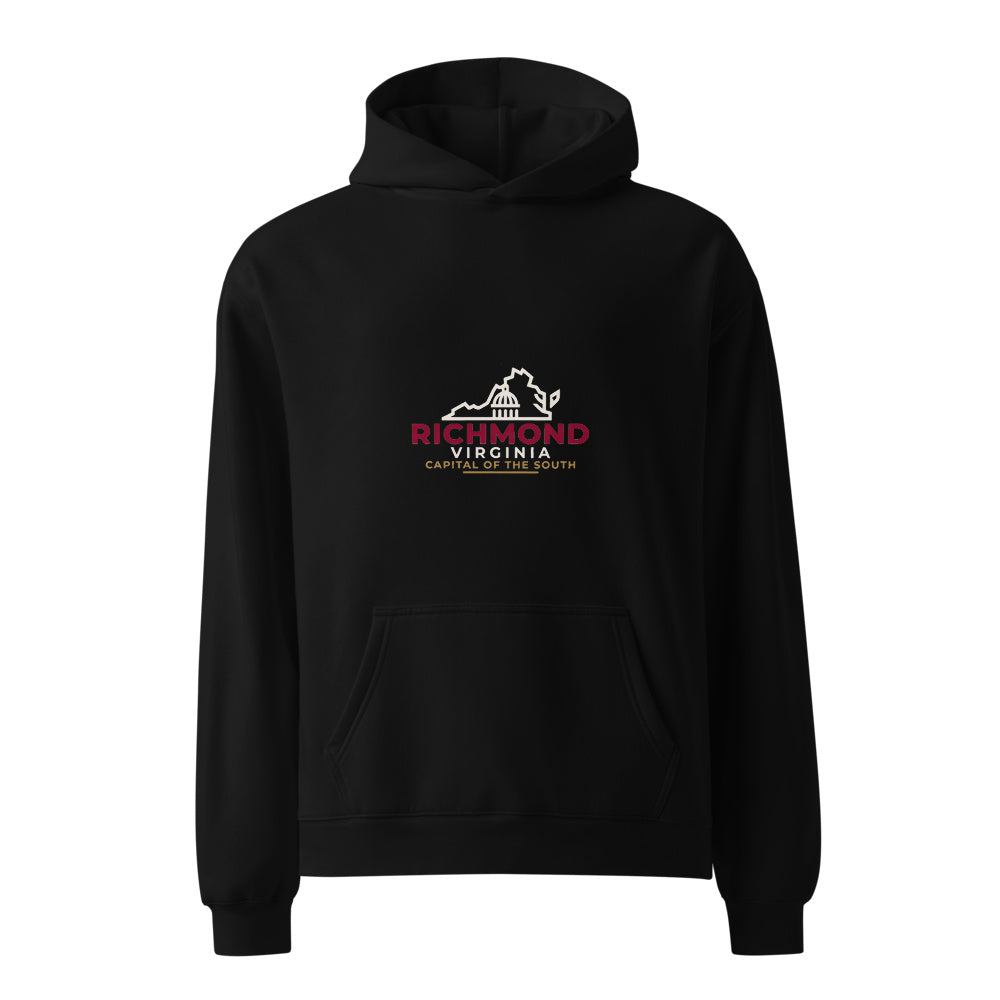 Richmond Capital Of The South black hoodie front in white studio | Kreativ