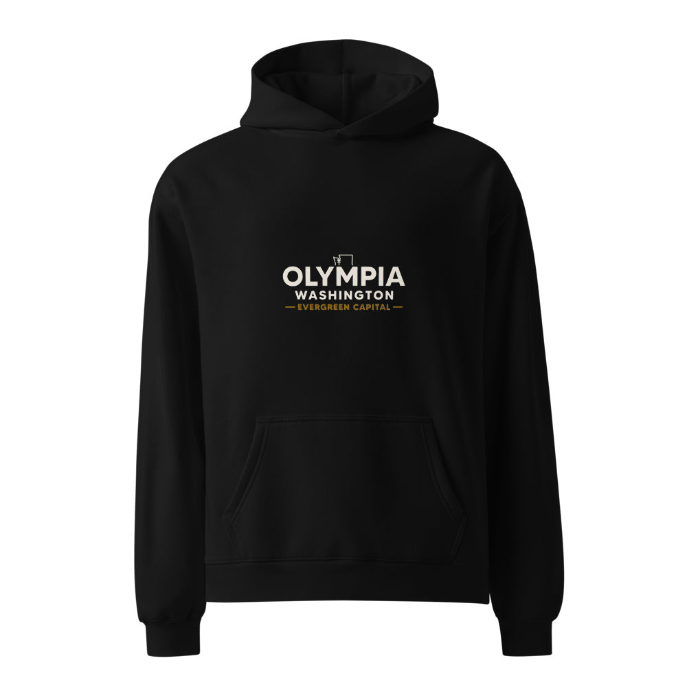 Olympia Evergreen Capital black hoodie front in white studio | Kreativ