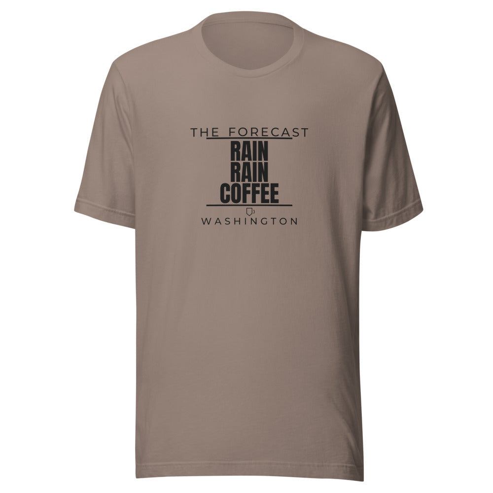 Washington tee that says Rain, Rain, Coffee