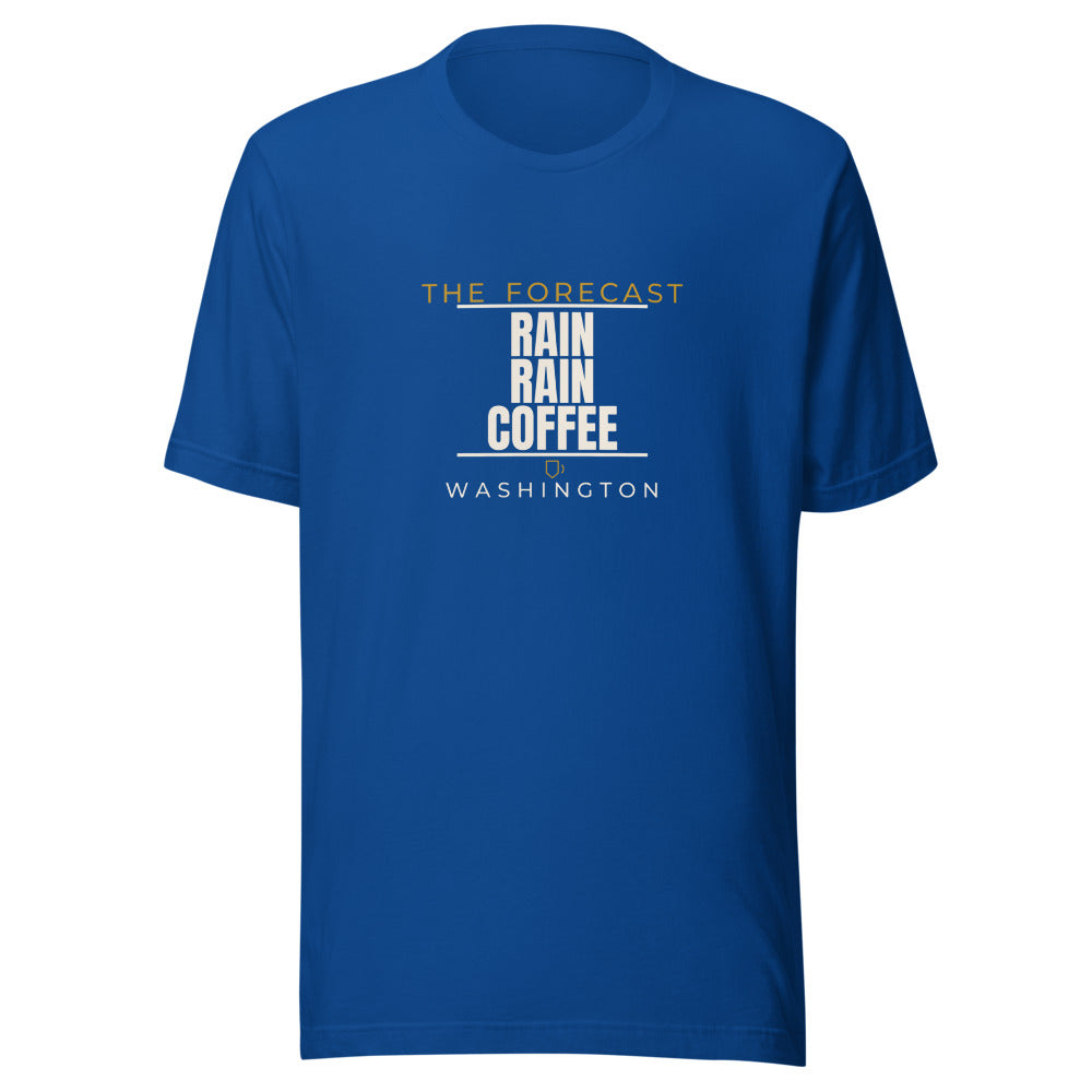 Washington tee that says Rain, Rain, Coffee