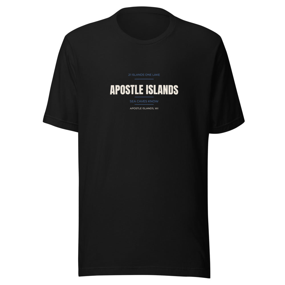 Black tee front with 21 Islands One Lake — Sea Caves Know print