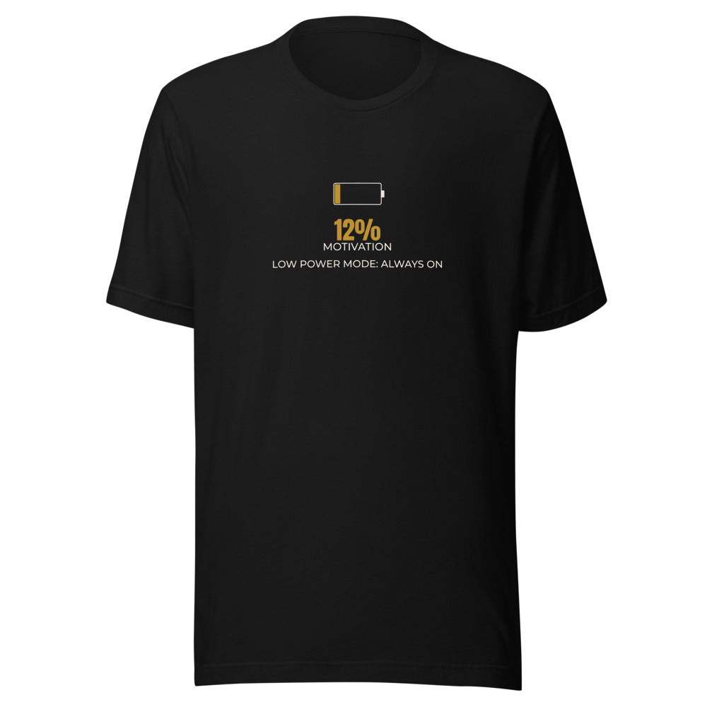 Black tee front with 12% Motivation print