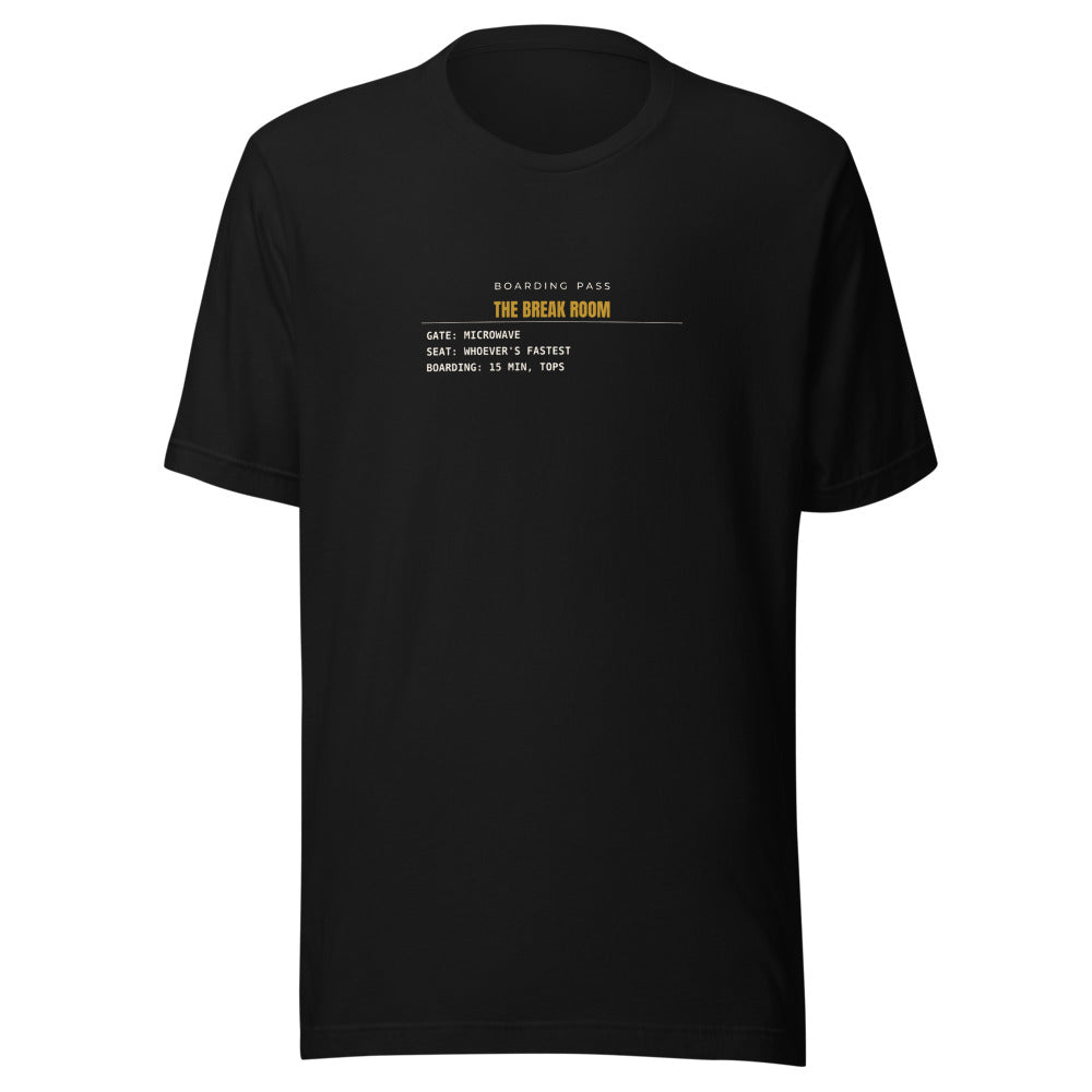 Black tee front with The Break Room print