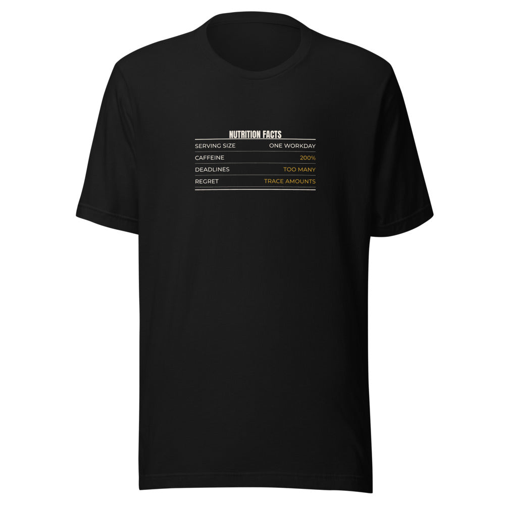 Black tee front with Nutrition Facts One Workday print