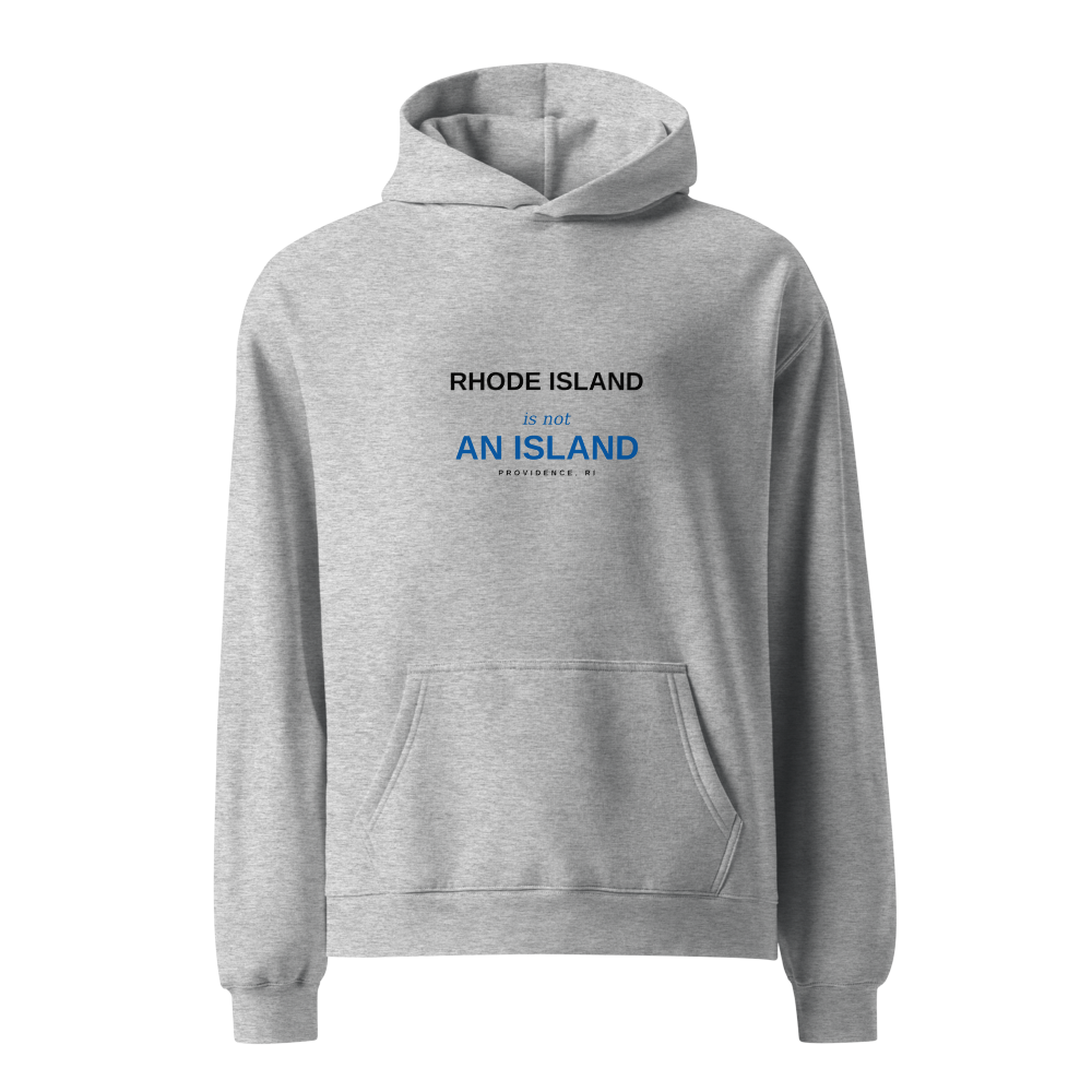 Providence Rhode Island Is Not an Island black hoodie front in white studio | Kreativ