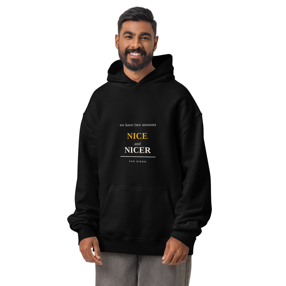 Person wearing San Diego nice-and-nicer hoodie, quiet front, print readable | Kreativ