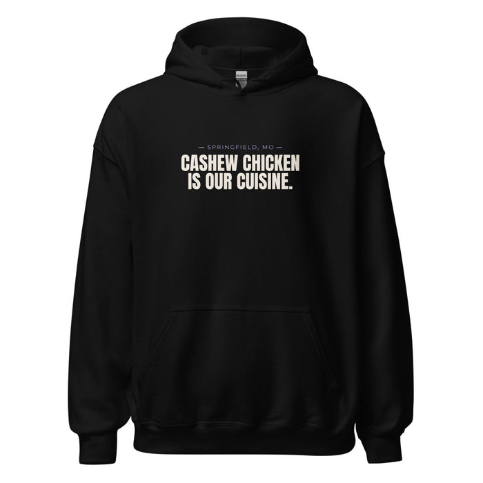 Black hoodie with Springfield, MO design: Cashew Chicken Is Our Cuisine.