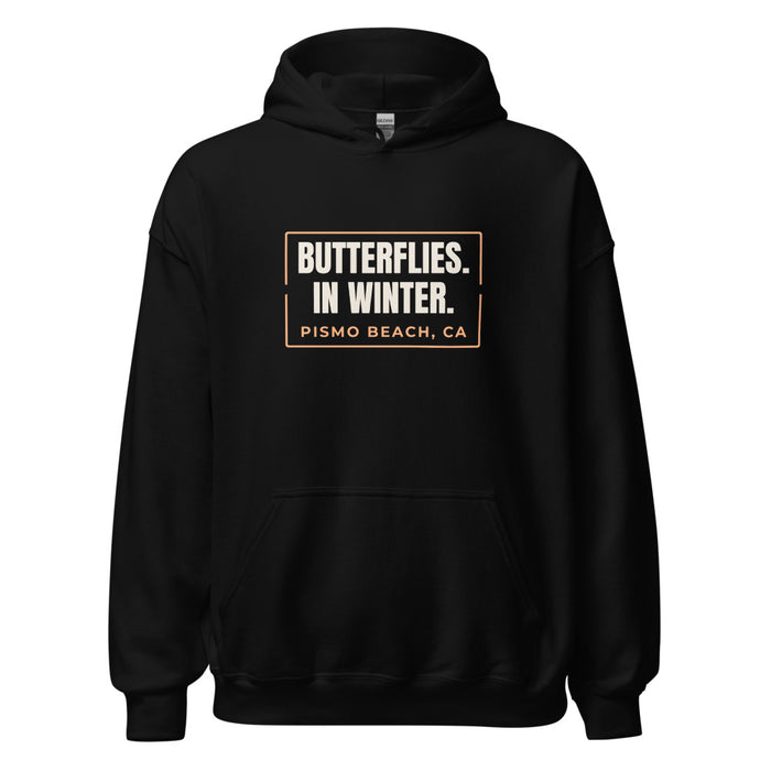 Black hoodie with Pismo Beach, CA design: Butterflies. In Winter.